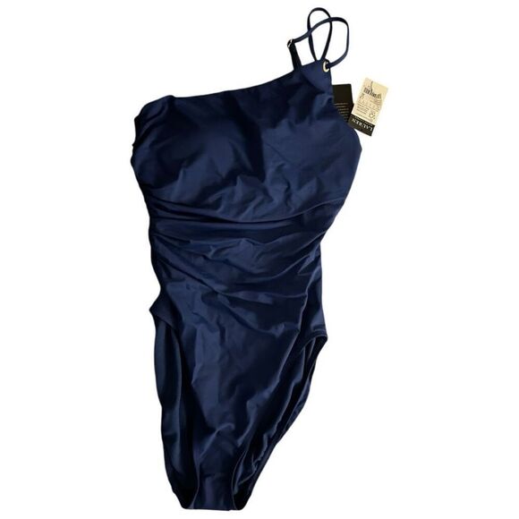 Lauren Ralph Lauren Navy Blue Ruched Asymmetrical One Piece Swim suit Size 8 - Picture 1 of 8